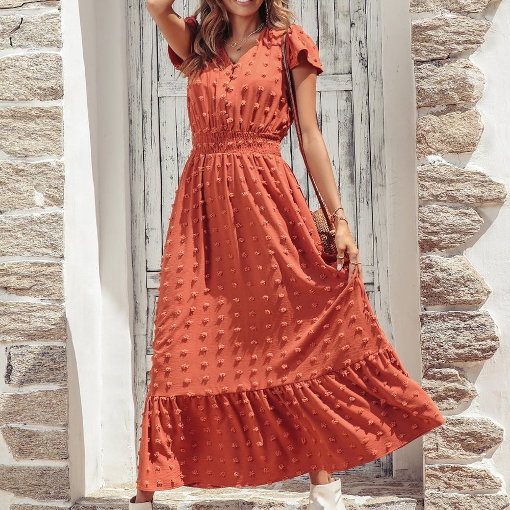 New Swiss Dot Puff Sleeve Shirred Waist Ruffle Hem Dress orange